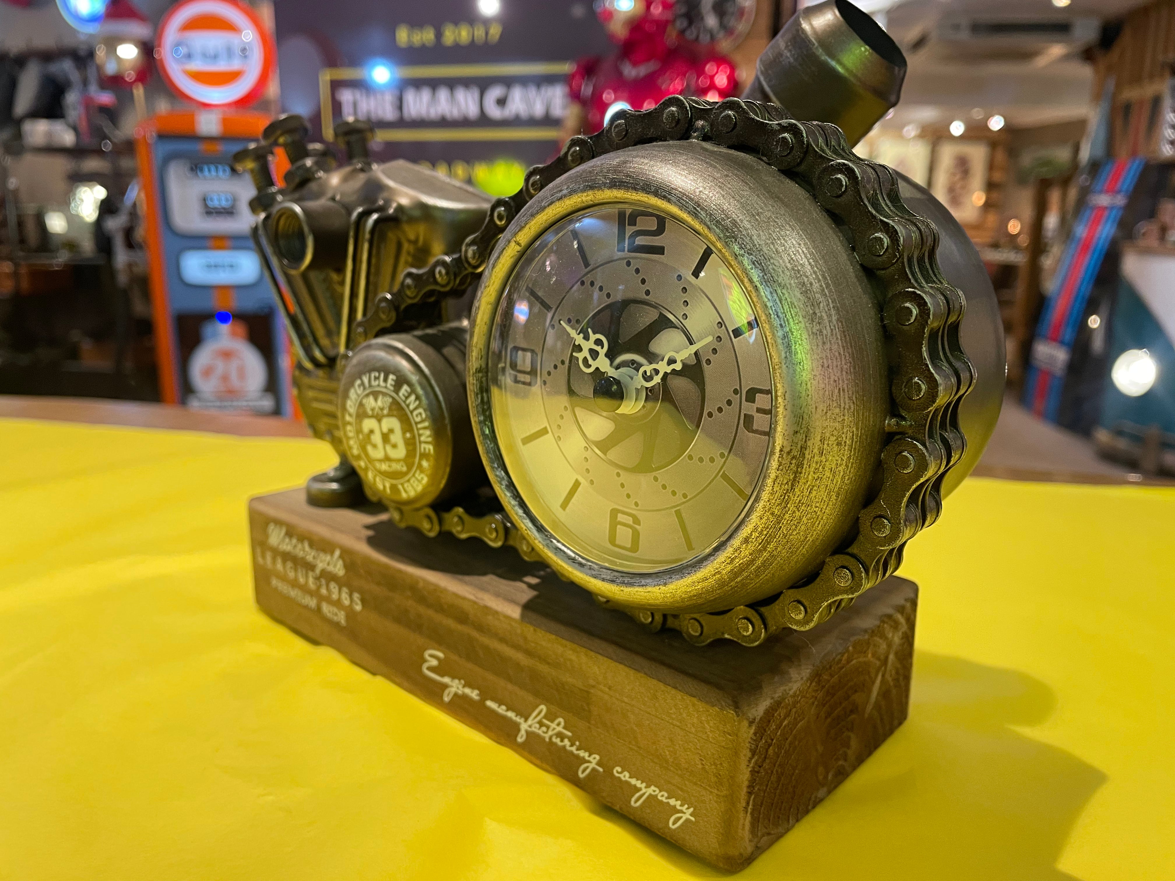 Motorcycle Desk Clock on Wooden Base