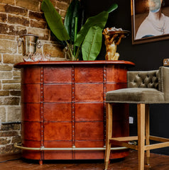 HandCrafted The Man Cave Leather Beer Bar With Brass Counter & Step - Brown Man Cave Bar