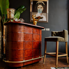 HandCrafted The Man Cave Leather Beer Bar With Brass Counter & Step - Brown Man Cave Bar