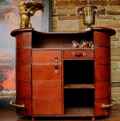 HandCrafted The Man Cave Leather Beer Bar With Brass Counter & Step - Brown Man Cave Bar