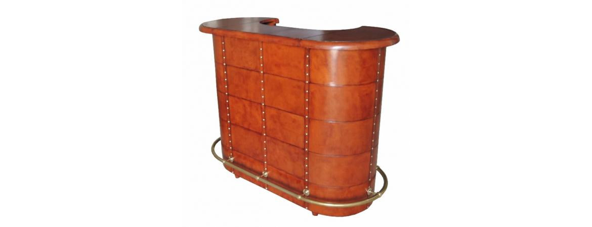 HandCrafted Man Cave Leather Beer Bar With Brass Counter & Step - Cognac