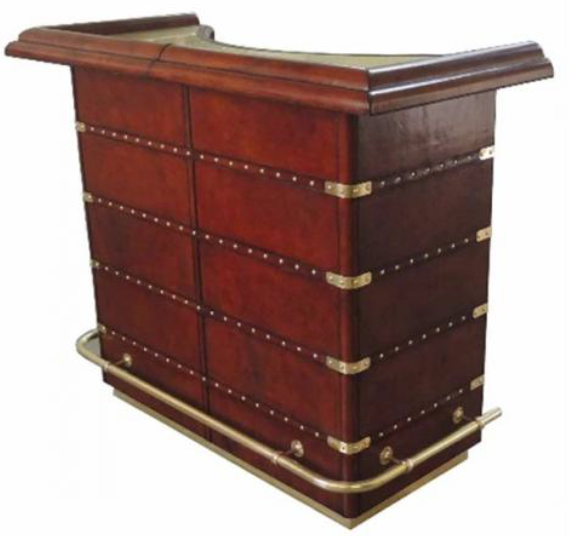 HandCrafted Man Cave Leather Beer Bar With Brass Counter & Step - Cognac