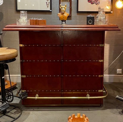 HandCrafted Man Cave Leather Beer Bar With Brass Counter & Step - Cognac