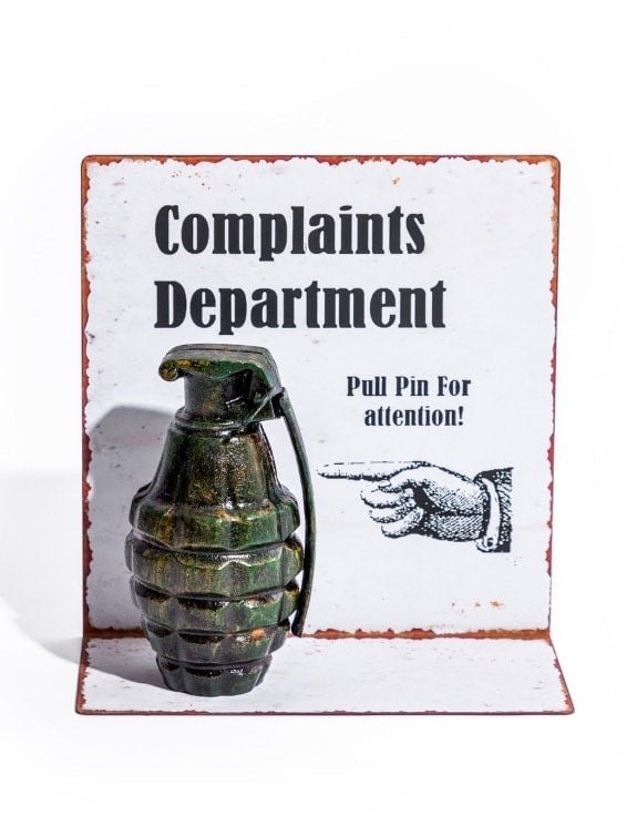 FUNNY COMPLAINTS SIGN / GRENADE - The Man Cave Broadway