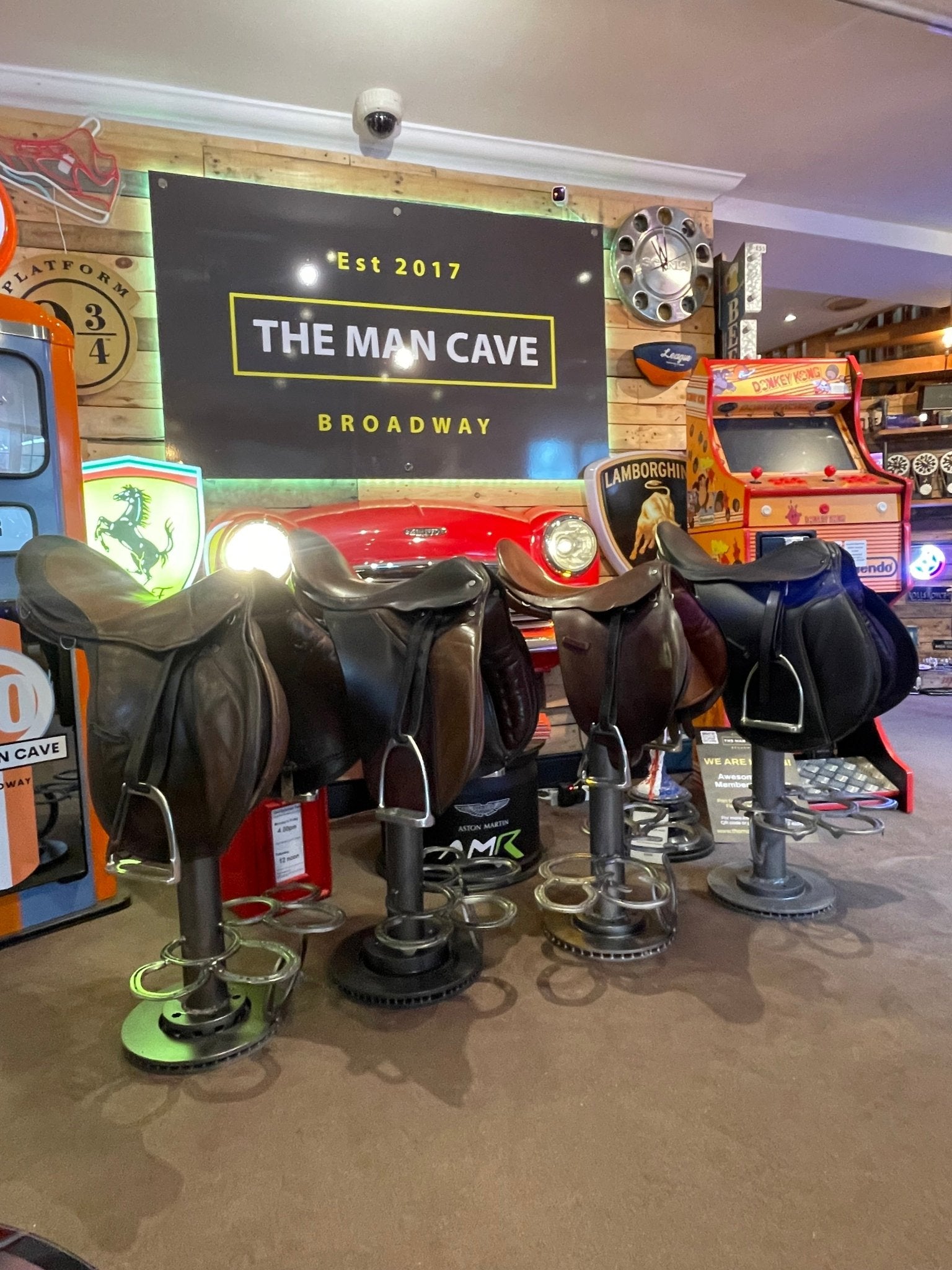 Horse Saddle Bar Stools x 1 / UP-CYCLED CAR PARTS LEATHER SADDLE STOOL / BAR / PUB SEAT - The Man Cave Broadway