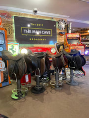 Horse Saddle Bar Stools x 1 / UP-CYCLED CAR PARTS LEATHER SADDLE STOOL / BAR / PUB SEAT - The Man Cave Broadway