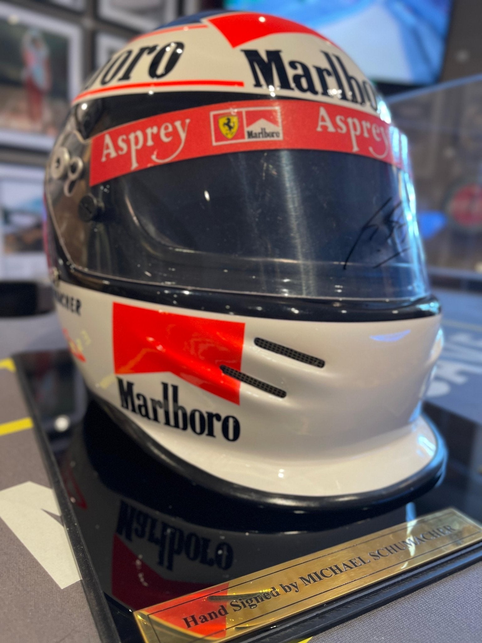 £POA- Michael Schumacher Signed 1998 ‘White Dominator’ Bell Helmet - 1:1 Scale - VERY RARE! - The Man Cave Broadway