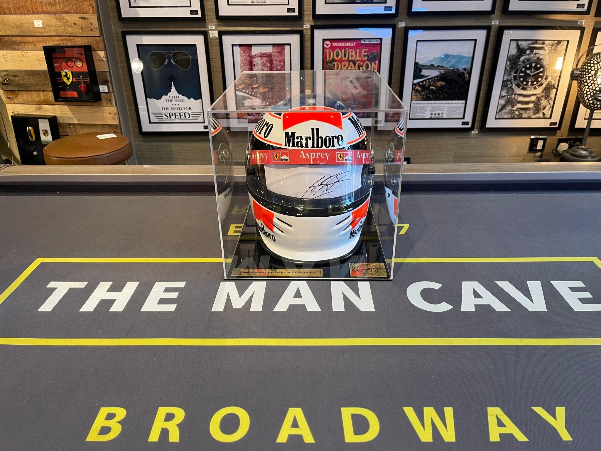 £POA- Michael Schumacher Signed 1998 ‘White Dominator’ Bell Helmet - 1:1 Scale - VERY RARE! - The Man Cave Broadway