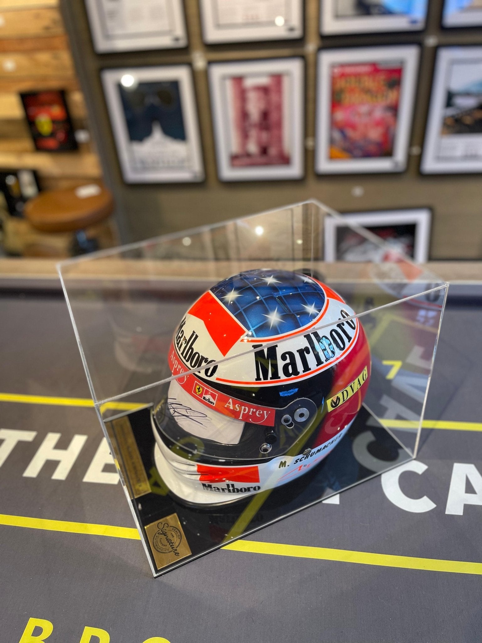 £POA- Michael Schumacher Signed 1998 ‘White Dominator’ Bell Helmet - 1:1 Scale - VERY RARE! - The Man Cave Broadway