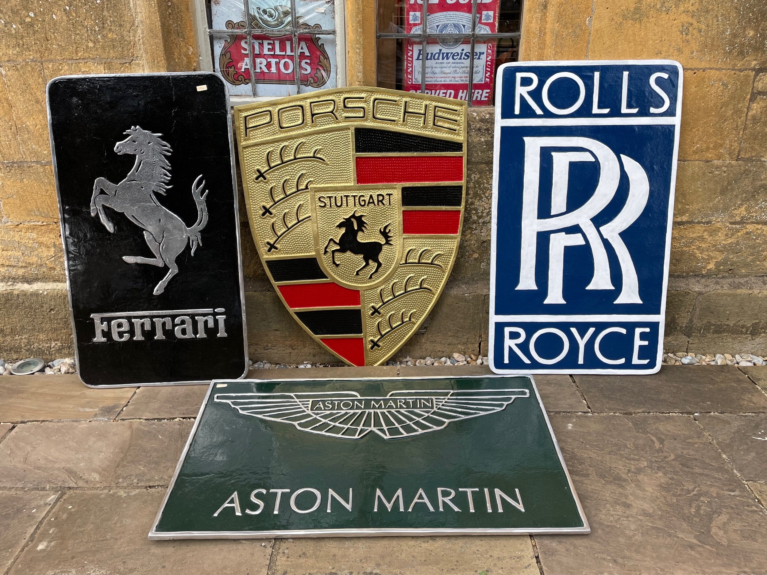 HUGE Cast Aluminium Painted Signs Porsche / Ferrari / Aston Martin / Rolls Royce