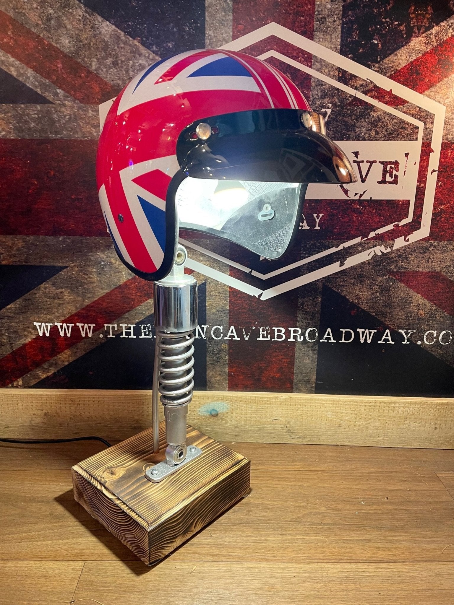 Union Jack Motorcycle Helmet and Damper Lamp - The Man Cave Broadway