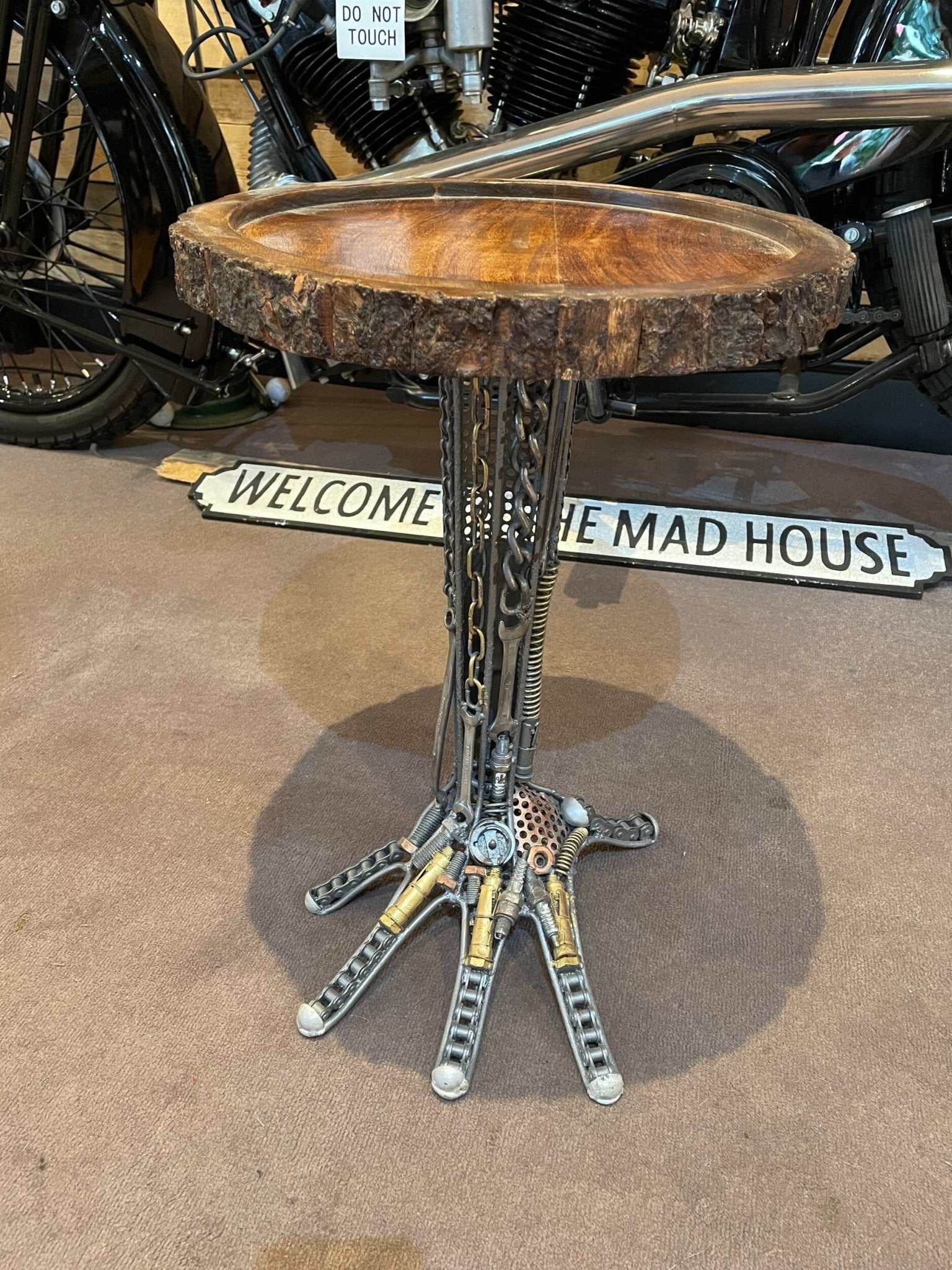 UPCYCLED CAR PARTS METAL & WOOD Hand Table - The Man Cave Broadway